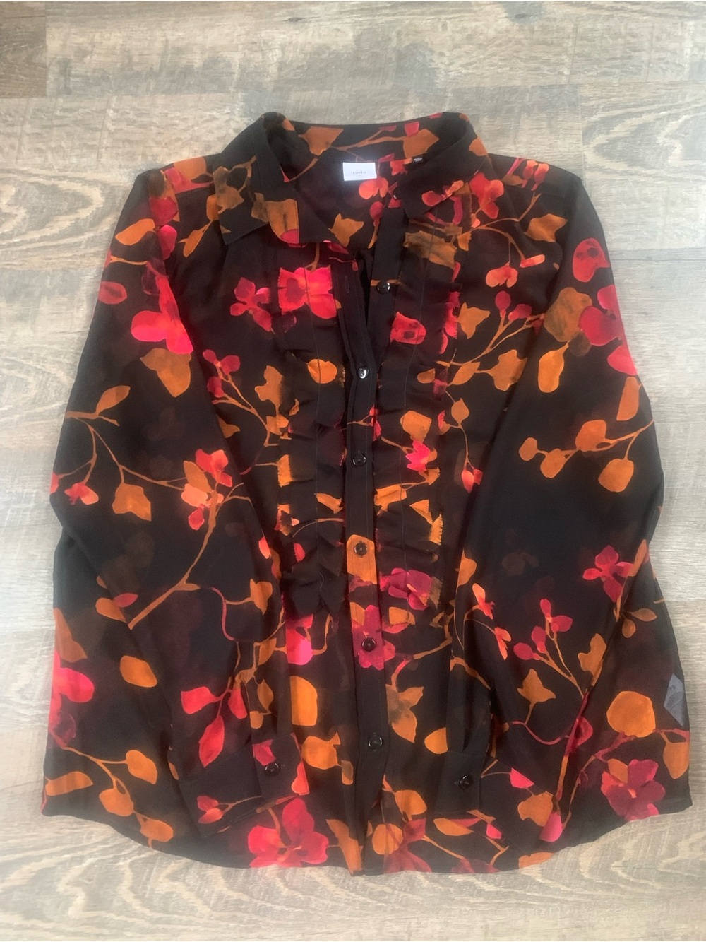 CAbi Sheer Fall Black Floral Ruffle Button-Up Blouse - Pink & Orange
